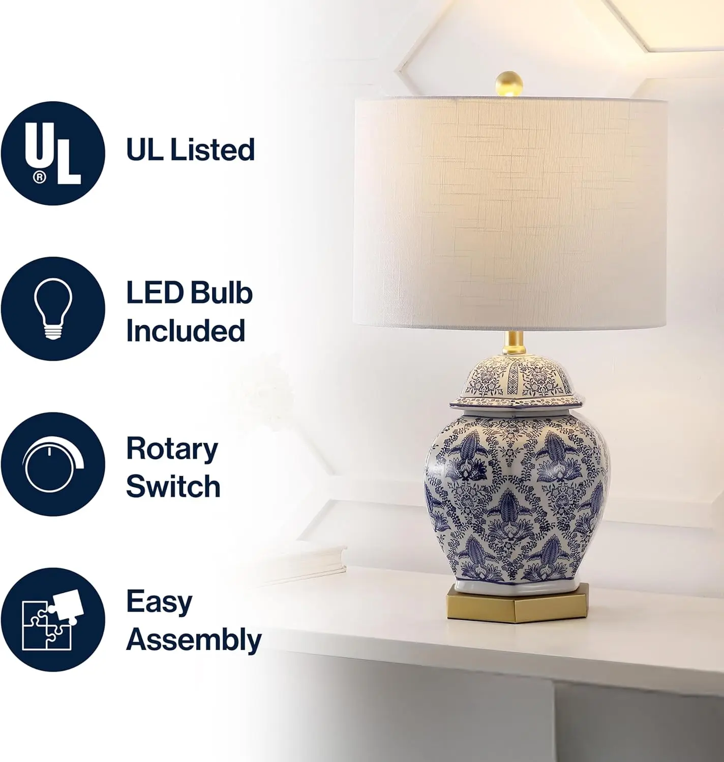 25インチ ブルー/ホワイト ジンジャー ジャー LED テーブルランプ 真鍮ベース付き、省エネ電球付属 寝室、リビングルーム、オフィス用