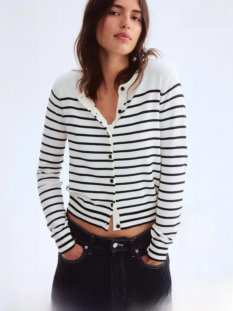 

H&M Women's Knitted Sweater ort Striped Base Layer Air Conditioning Cardigan Spring Faion Outerwear Slim Fit Long Sve