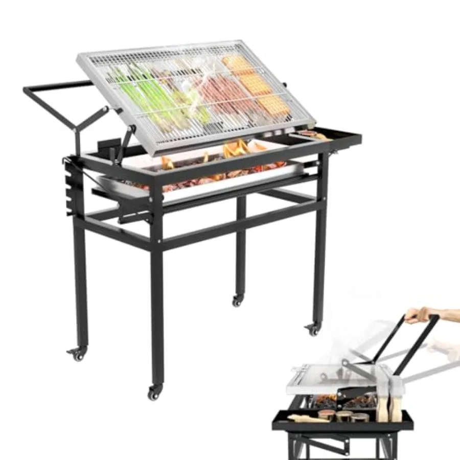 

Charcoal Flip Grill for BBQ: Black, Portable Tabletop Charcoal Grill with 360 Reversible Cooking Grid, Removable Tray, Adjustab