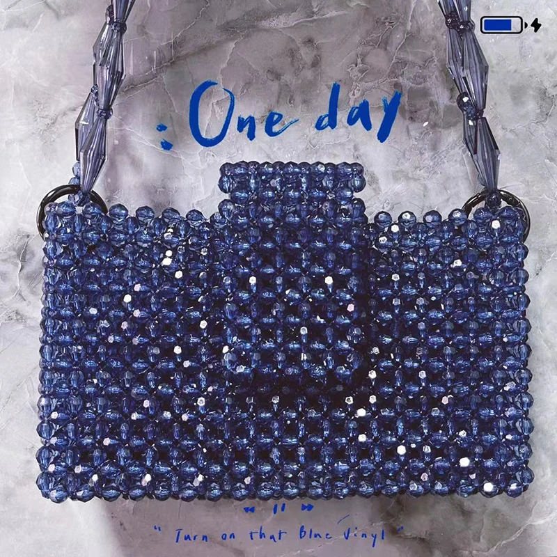 SHINE New Original Design Handmade Beaded Bag Ins Acrylic Prussian Blue Shoulder Handbag DIY Finished Summer Tote Bags for Women