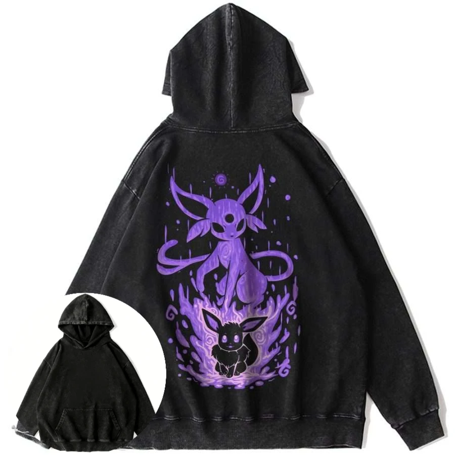 Unisex retro zwarte katoenen hoodie met anime Pokemon Umbreon en Eevee volledige rug grafische print casual sweatshirt met lange mouwen
