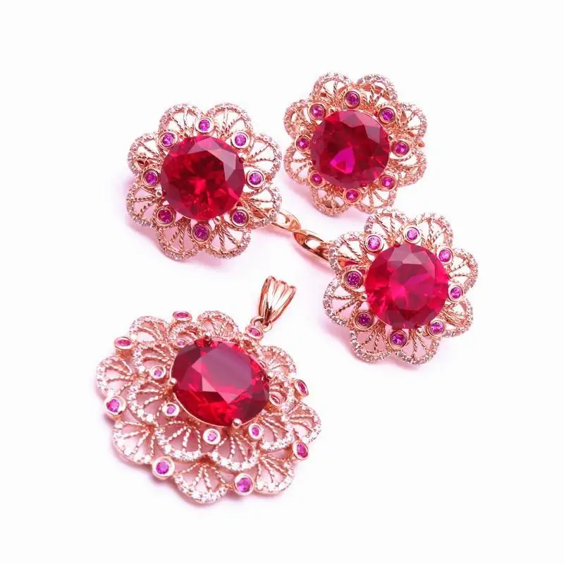585 Purple Gold Ruby Flower Earrings for Women 14K Rose Gold Plated Luxury Exquisite Court Style Wedding Engagement Jewelry