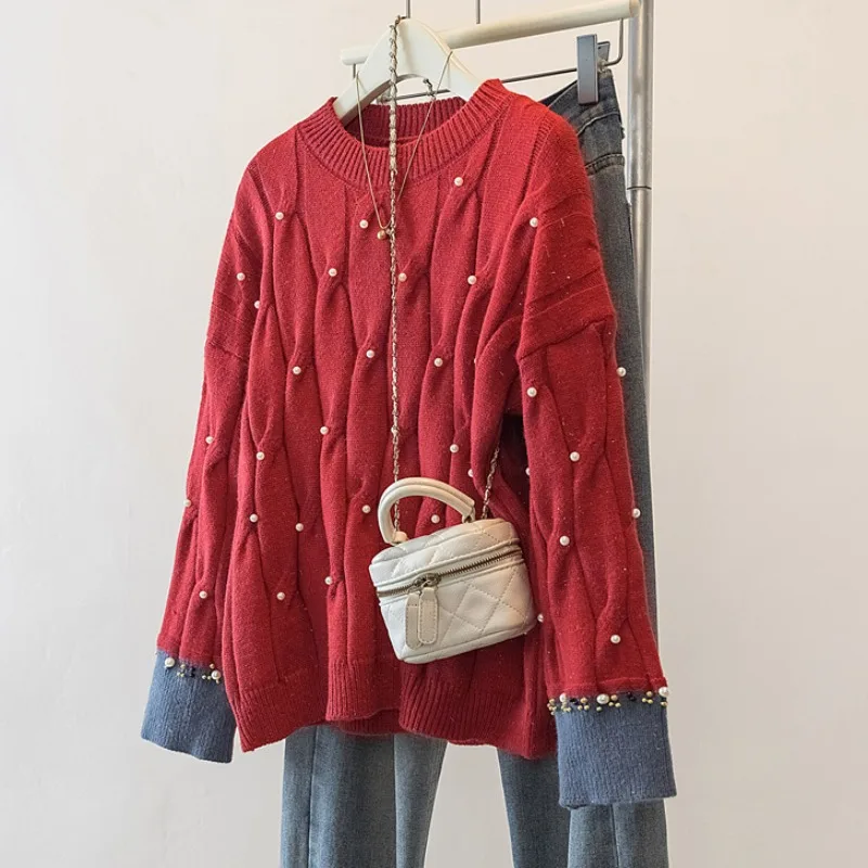 

plus Size Women's Base irt Faionable Color Blo Knitwear Cover Belly Autumn Winter New Sle Thiened Long Sve round...