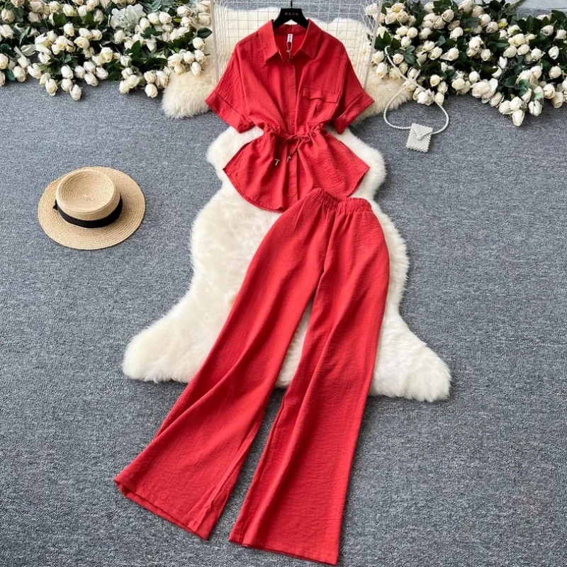 Summer New Two-piece Set for Women, Designer Waist-cinching, Versatile Short-sleeved Shirt, High-waisted Slimming Wide-leg Pants