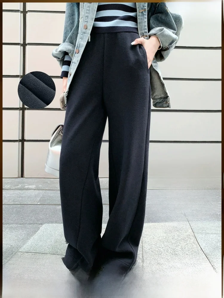 

Meiyang Woolen Casual Pants High Waist Straight Leg Warm Polyester Fiber All Matched Daily Wear Comfortable Loose Fit Ladies
