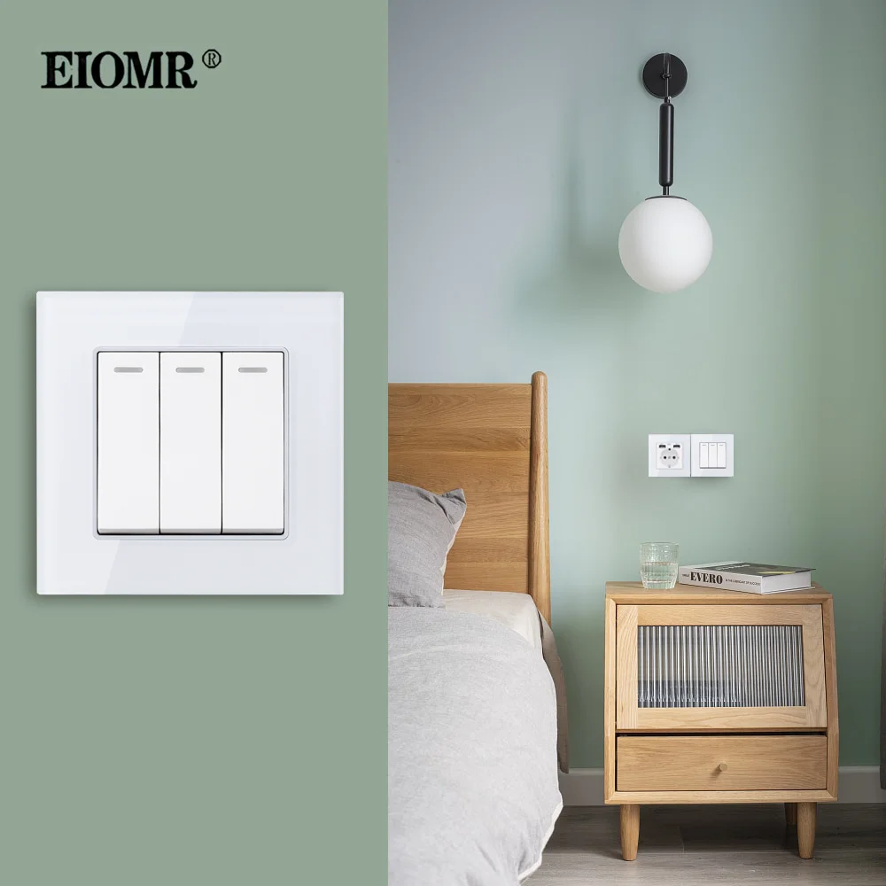 EIOMR Wall Light Switch,3 Gang 1/2 Way,Size 86*86mm,16A 250V Multi -material Panel EU UK Rocker Switch for Household Light Power