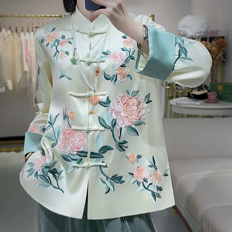 

High-end Acetate Women Autumn Jacket Top Embroidery Tang Suit Elegant Lady Loose Coat Female S-XXL