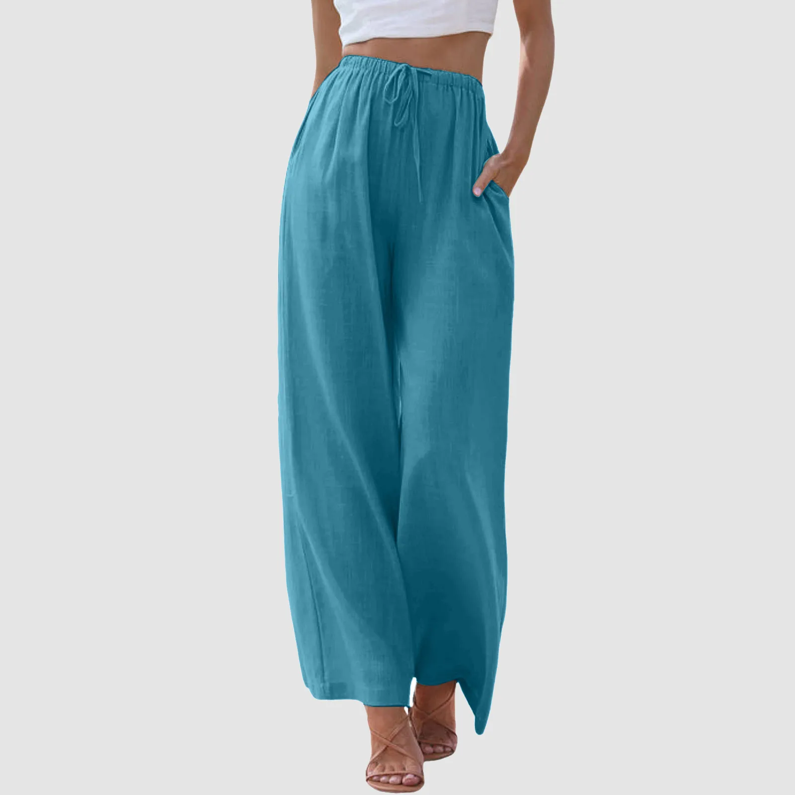 Women Trousers Chiffon Thin High Waisted Wide Leg Pants Fashion Drawstring Elastic Comfy Straight Leg Long Pants Sweatpants