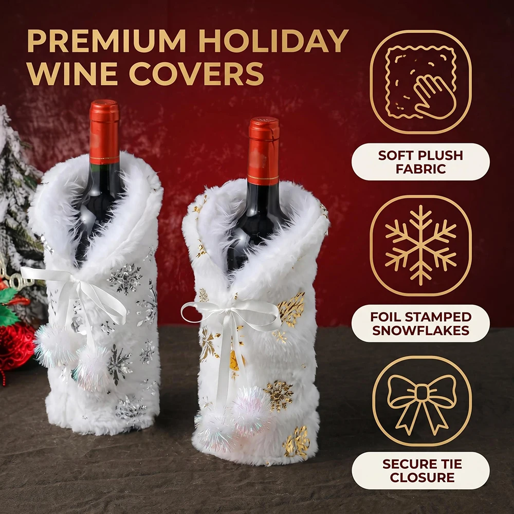 Gold and Silver Foil Snowflake Plush Wine Bottle Cover, Christmas Decorative Wine Bottle Cover, Restaurant Decoration Champagne and Wine Bag Scene Arrangement Snowflake Wine Cover