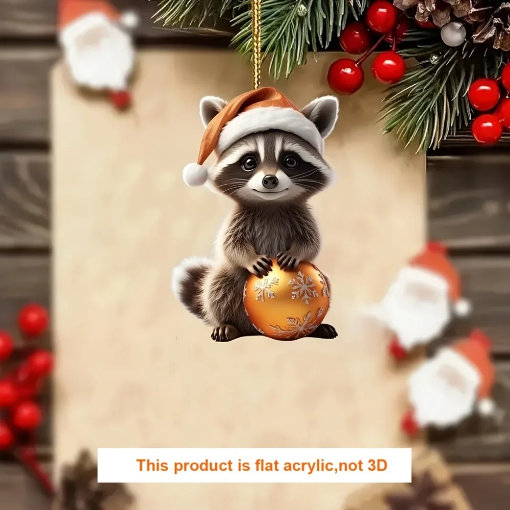 Cute Christmas Raccoon Pendant Keychain,Raccoon Wear Santa Hat 2D Acrylic Versatile Charm,Decor for Car Mirror,Festive,Home,Gift