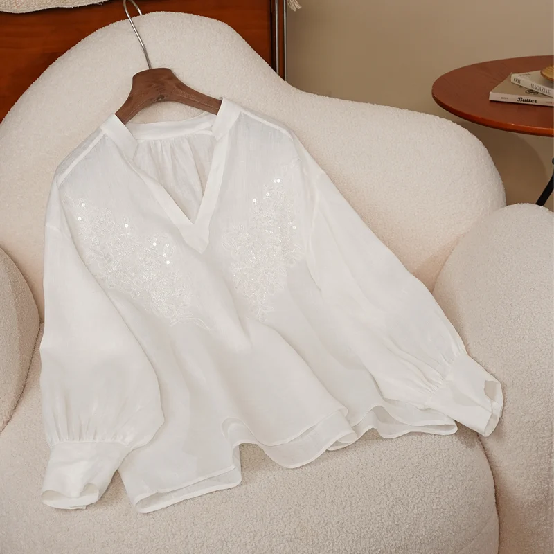 

Высококачественный новый белый льняной пуловер с v-образным вырезом и вышивкой блестками, элегантная длинная свободная женская французская рубашка с длинным рукавом