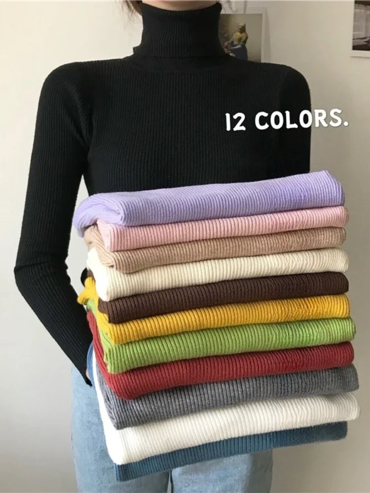 Korean Solid Basic Knit Tops Autumn Winter Turtleneck Sweater Women Vintage Harajuku Pullover Slim Elastic Elegant Chic Jumper