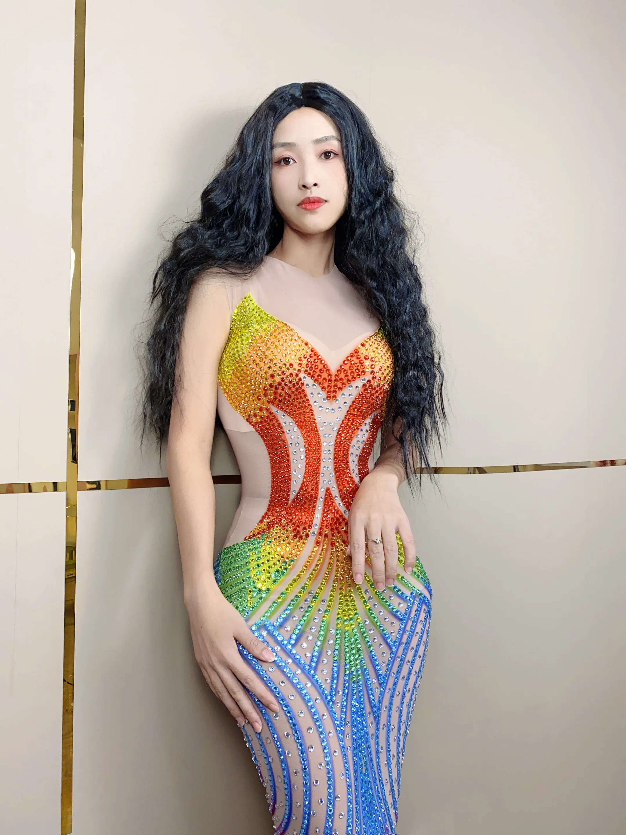 Sexy Stage Colorful Rhinestones Mesh Long Dress Celebrity Evening Party Birthday Celebrate Outfit Model Show Photo Shoot Costume