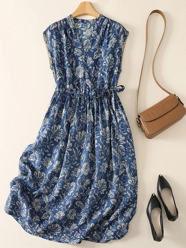 Blue Floral Print Vintage V-Neck Sleeveless Drawstring Design Women's Dress Summer Casual Lightweight Cotton Gown