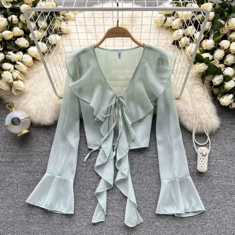 Fashion Patchwork Ruffles Chiffon Women\'s 2024 Summer Solid Color Butterfly Sleeve Short V-neck Cardigan Bandage Ponchos Coats