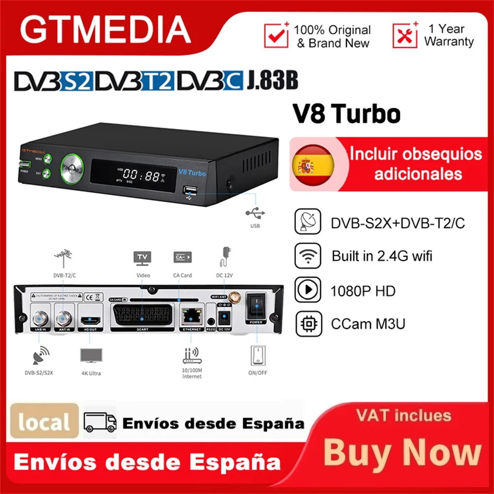 GTMEDIA V8 Turbo DVB-S/S2/S2X + T/T2/Cable TV Turner receptor satelital 1080P Full HD H.265 HEVC 10 bits decodificador WIFI 2,4G incorporado