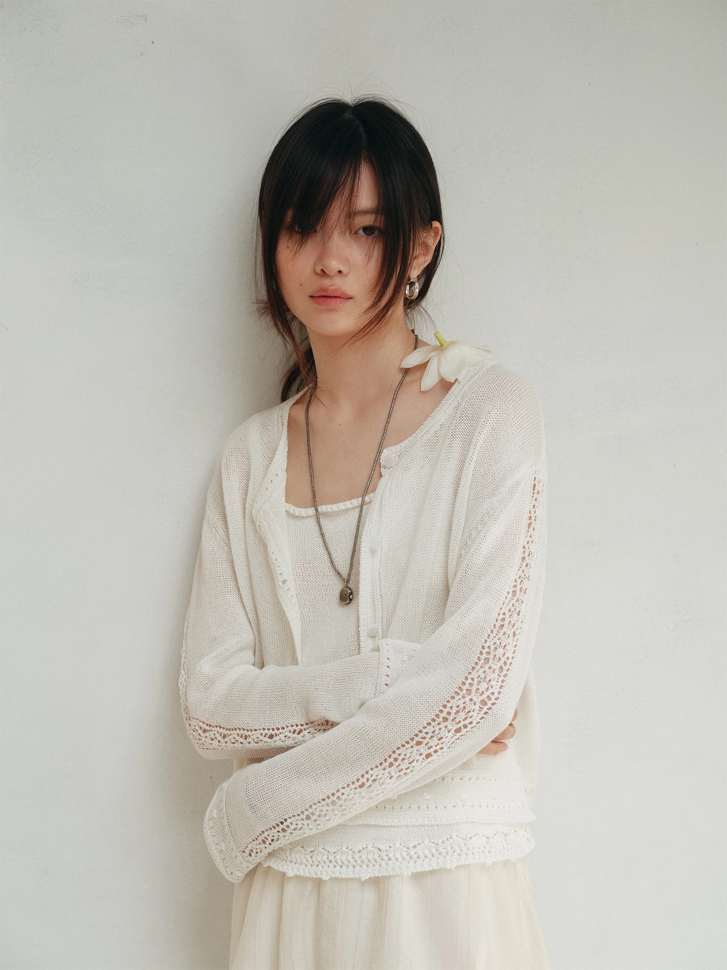 

Reversible Two-Part Hollow Poem Page And Paper Linen Cotton Knitted Open Cardigan Women's Vintage Sle Straight Cut Long Sve