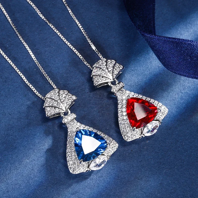 S925 Silver Plated 18K Gold Plated PT950 Platinum Gold Red Corundum Blue Spindle Skirt Temperament Pendant 12*12