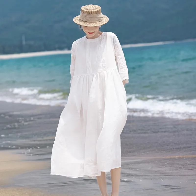 

Elegant White Embroidered Cotton Linen A-Line Dress Drapy Lightweight Summer Fashion Fairy Tale Style Women's Premium Feel Skirt