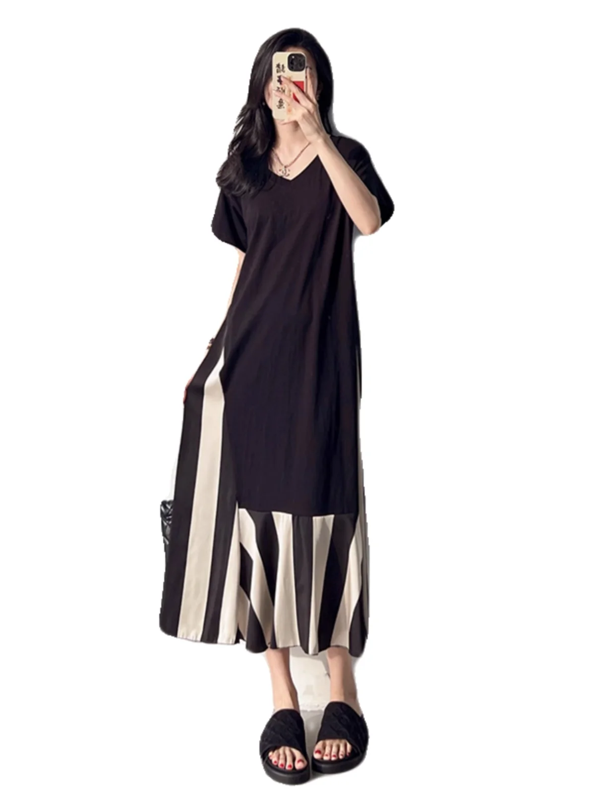 Minceur v-ne longue t-shirt Dr grande taille femmes coupe ample coréen Sle Polyester a-ligne jupe Bla Patchwork Dr