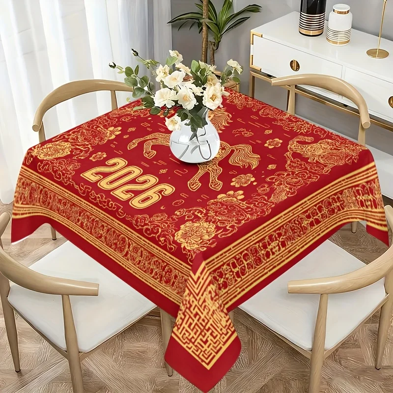 Chinese New Year Tablecloth Holiday Party Decor Red Washable Golden Zodiac Horse Kitchen Dining Table Cloth New Year Decorations