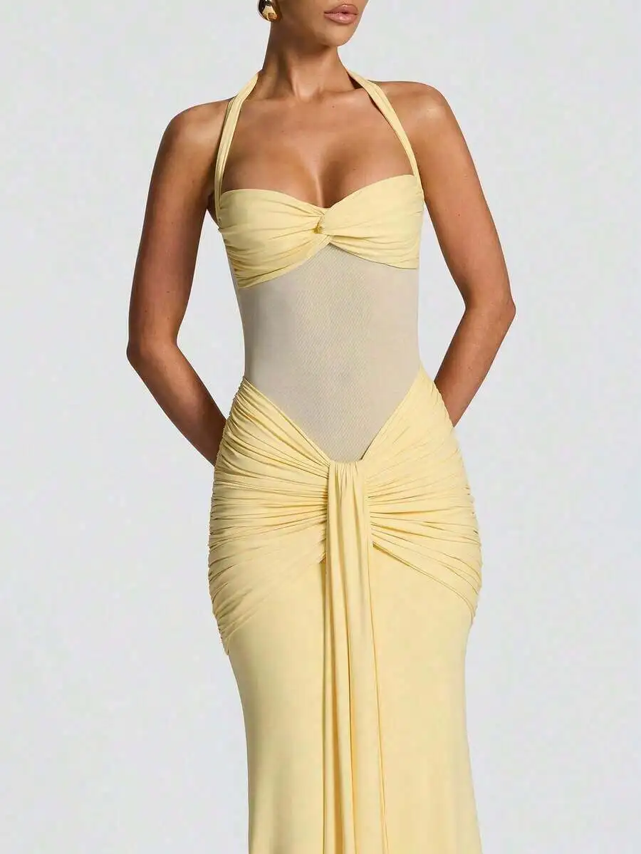

Elegant Halter Neck Ruched Waist Mesh Panel Long Prom Dress For Women