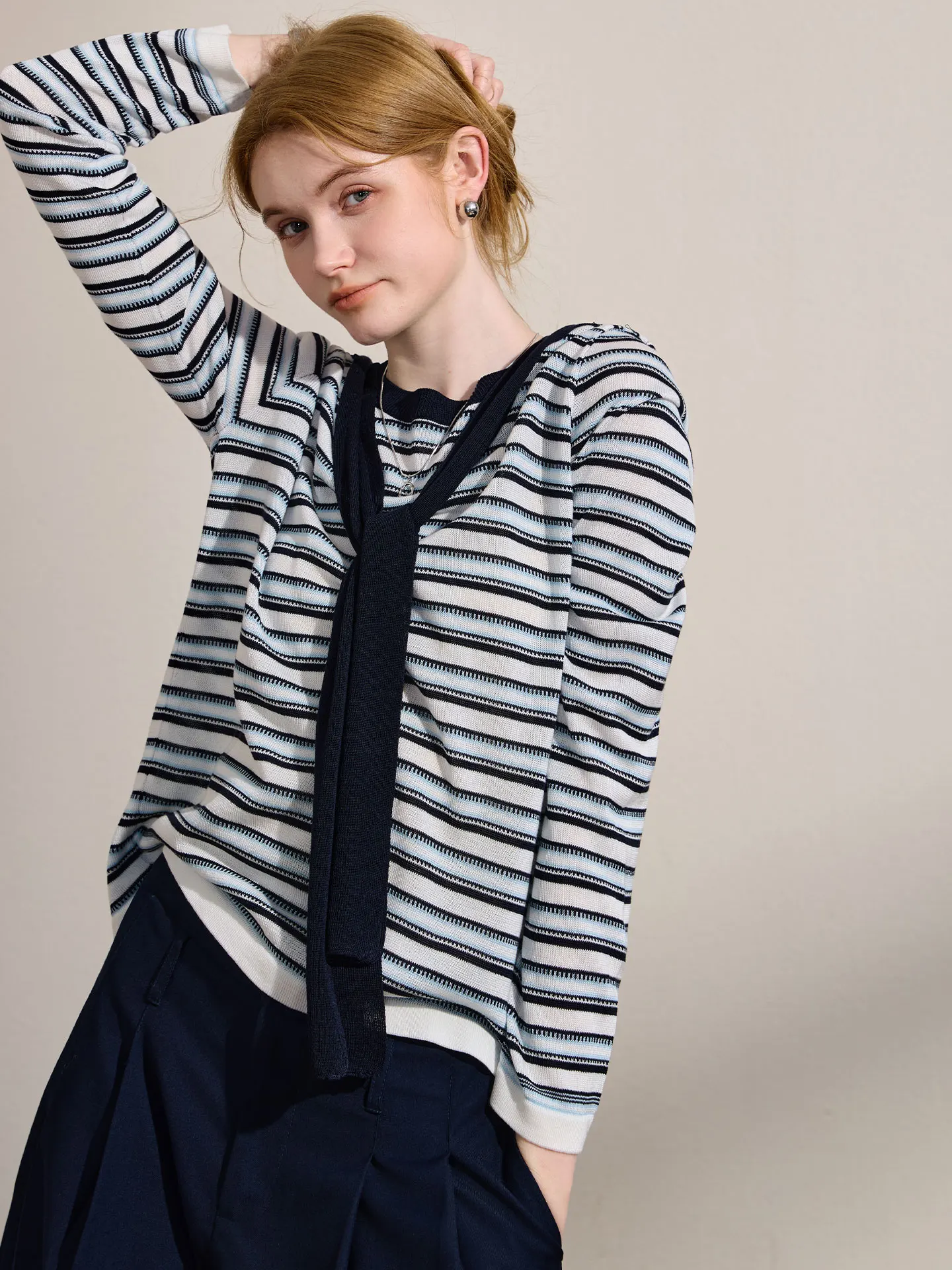 Lacele Semi-Loose Knitted Sweater with Shawl Stripe Design Breathable Comfortable Korean Style Women's Autumn Fashion Top