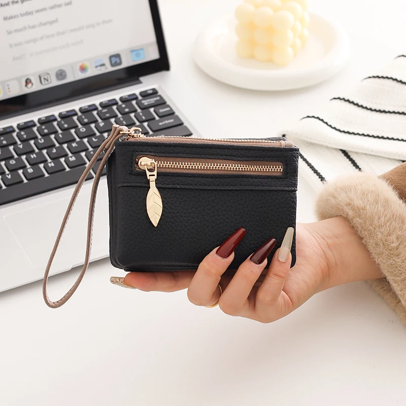 New Women's Short Wallet Korean Style PU Leather Litchi Pattern Handbag Multi-functional Fashionable Versatile Foldable Phone Wa