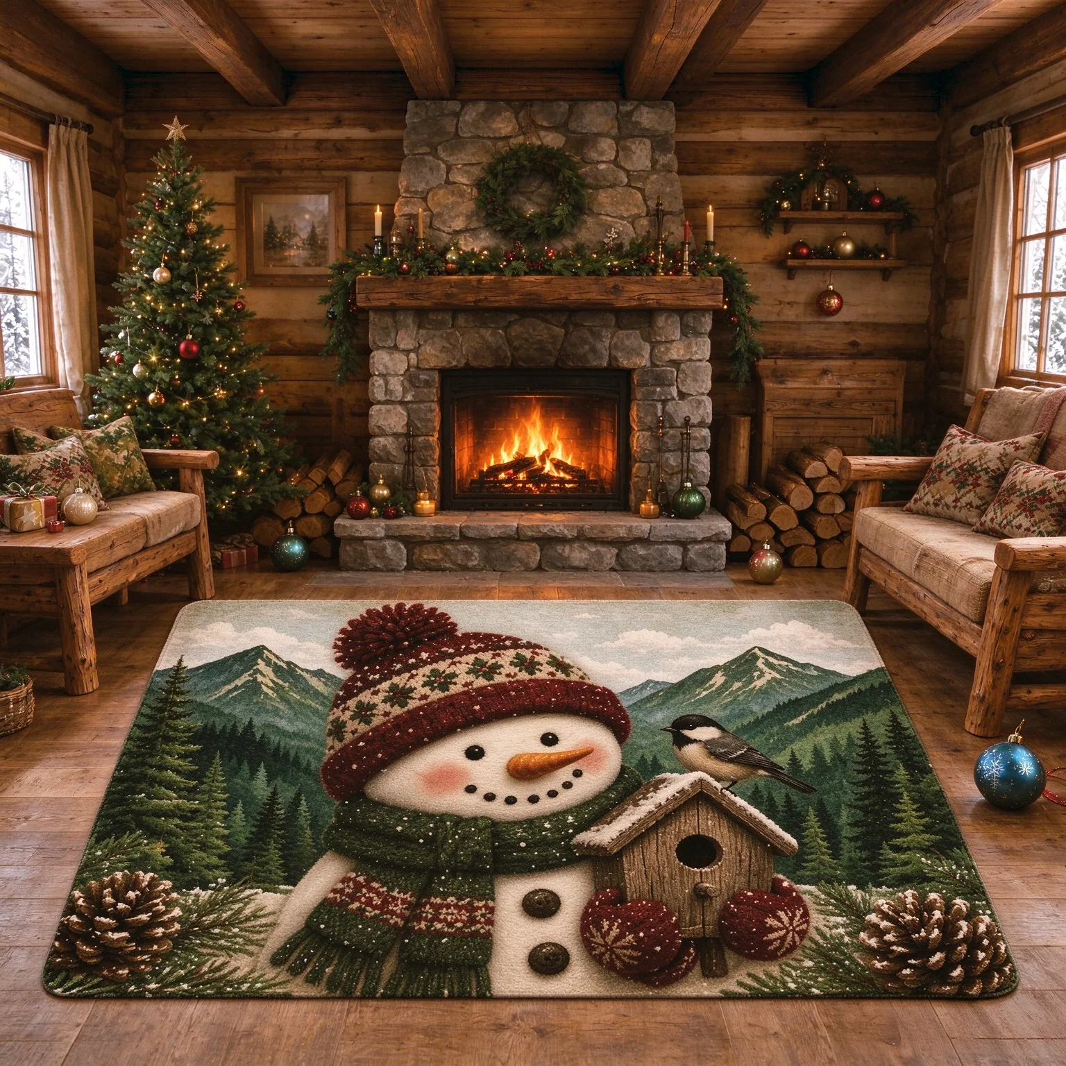 Christmas Mountain Snowman Graphic Doormat Birdhouse Pinecone Rug Seasonal Styling For Home Space