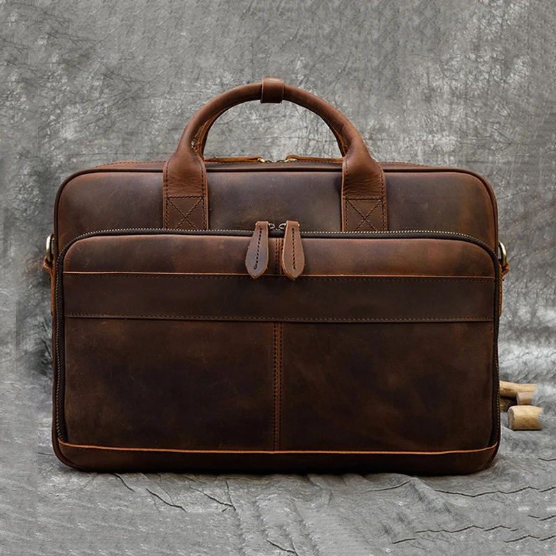 Vintage Genuine Leather Men's Briefcase, Leather Business Commuting Bag, Cowhide Laptop Handbag