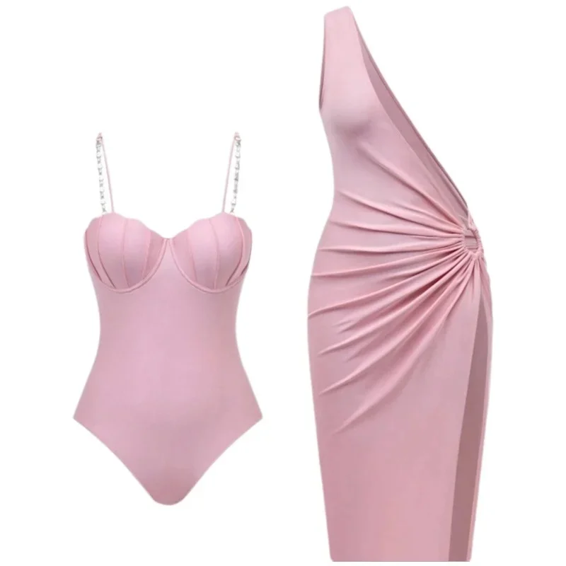 

2Pcs/Set New Women's One-Shoulder Swimsuit with Cover Up Dress - Push Up Ruched Bathing Suit with High Slit Sarong Beachwear
