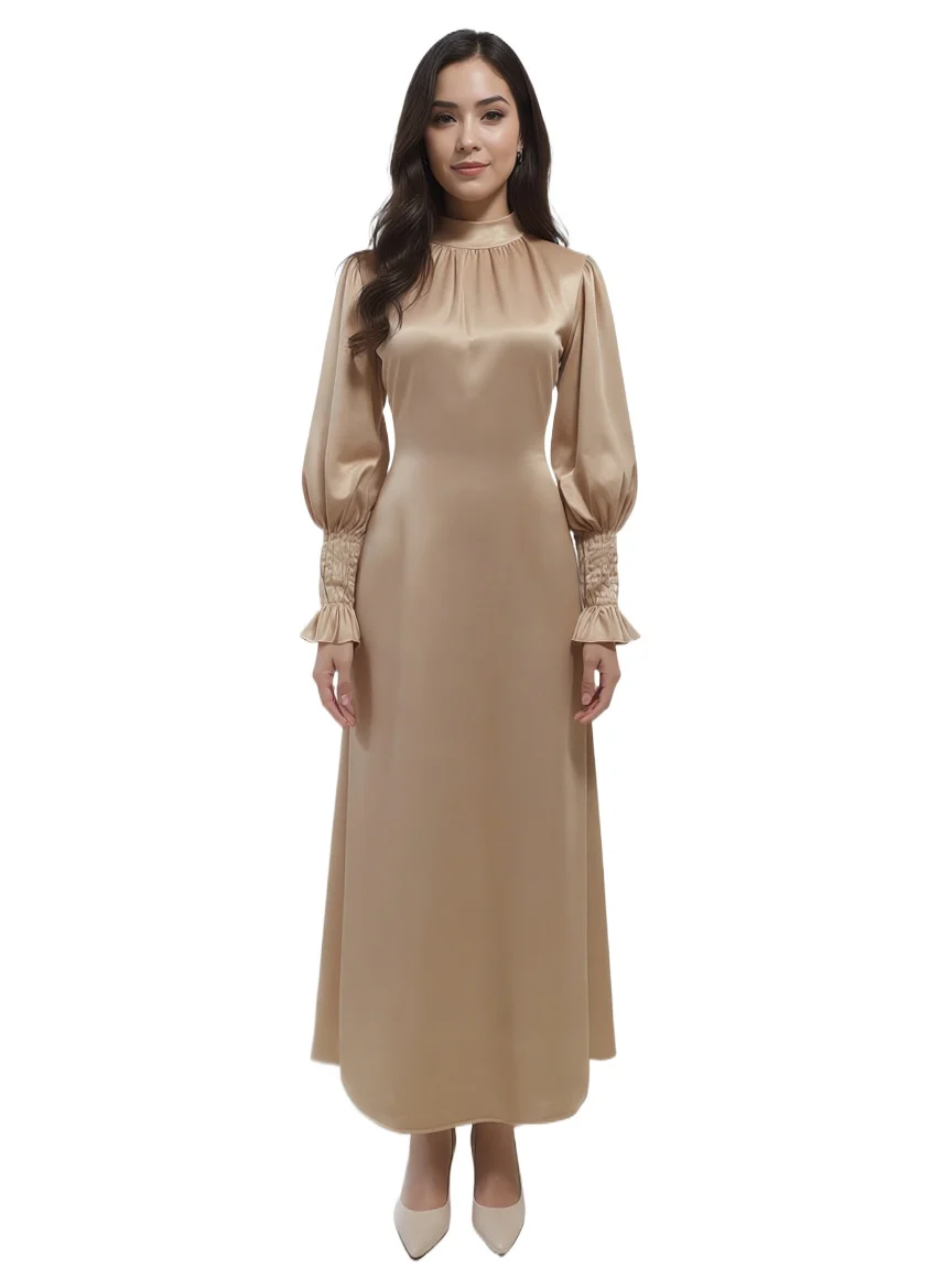 

Modest Solid Satin Tie Back Pleats Cuff Maxi Dress Elegant Formal Evening Gown Muslim Abaya Plus Size Wedding Guest Outfit