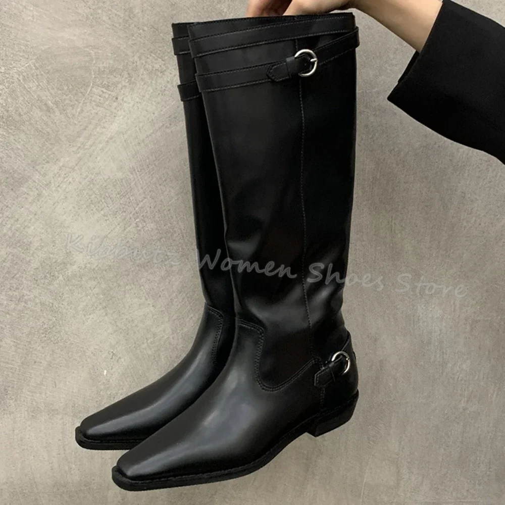 

Knee High Knights Boots Belt Buckle Fashion Sexy Elegant Women Shoes Genuine Leather Pointed Toe Chunky Heel Slip-On Solid Color
