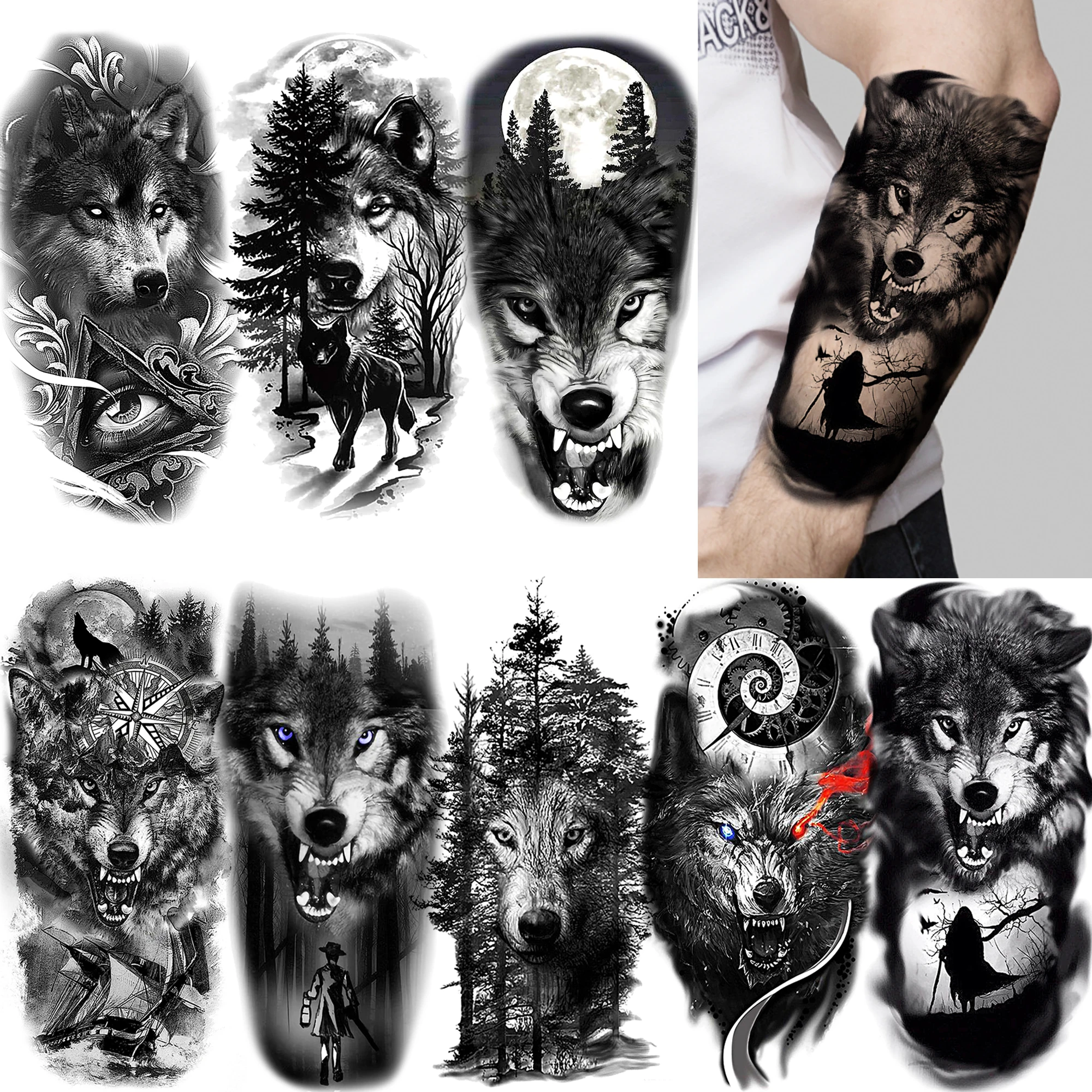 1 Sheet Forest Wolf Coyote Temporary Tattoos For Men Adults Forearm Arm Leg Body Art Drawing Fake Tattoo Sticker Transferable