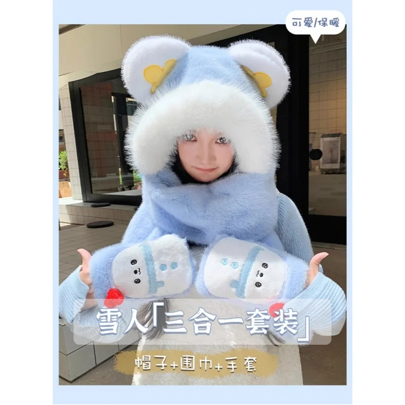 Cute Snowman Winter Fleece-Lined Warm Ear Flaps Hooded Hat Scarf Gloves Three-Piece Set