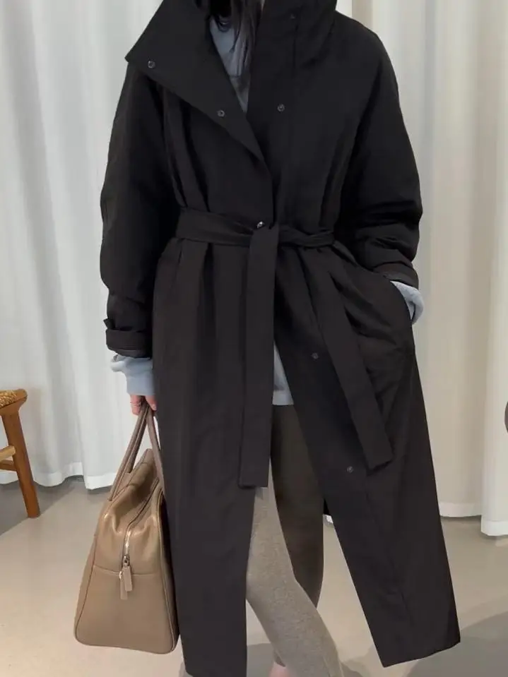 معطف نسائي طويل فوق الركبة، فضفاض مع حزام خصر، ملابس خارجية نحيفة للشتاء، تصميم جديد من ULDSJAYK، معطف بأسلوب عملي