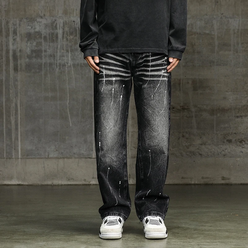 

Новинка 2024 года, мужские широкие джинсы, модные брендовые красивые джинсовые брюки в американском стиле High Street, повседневные брюки свободного покроя с принтом