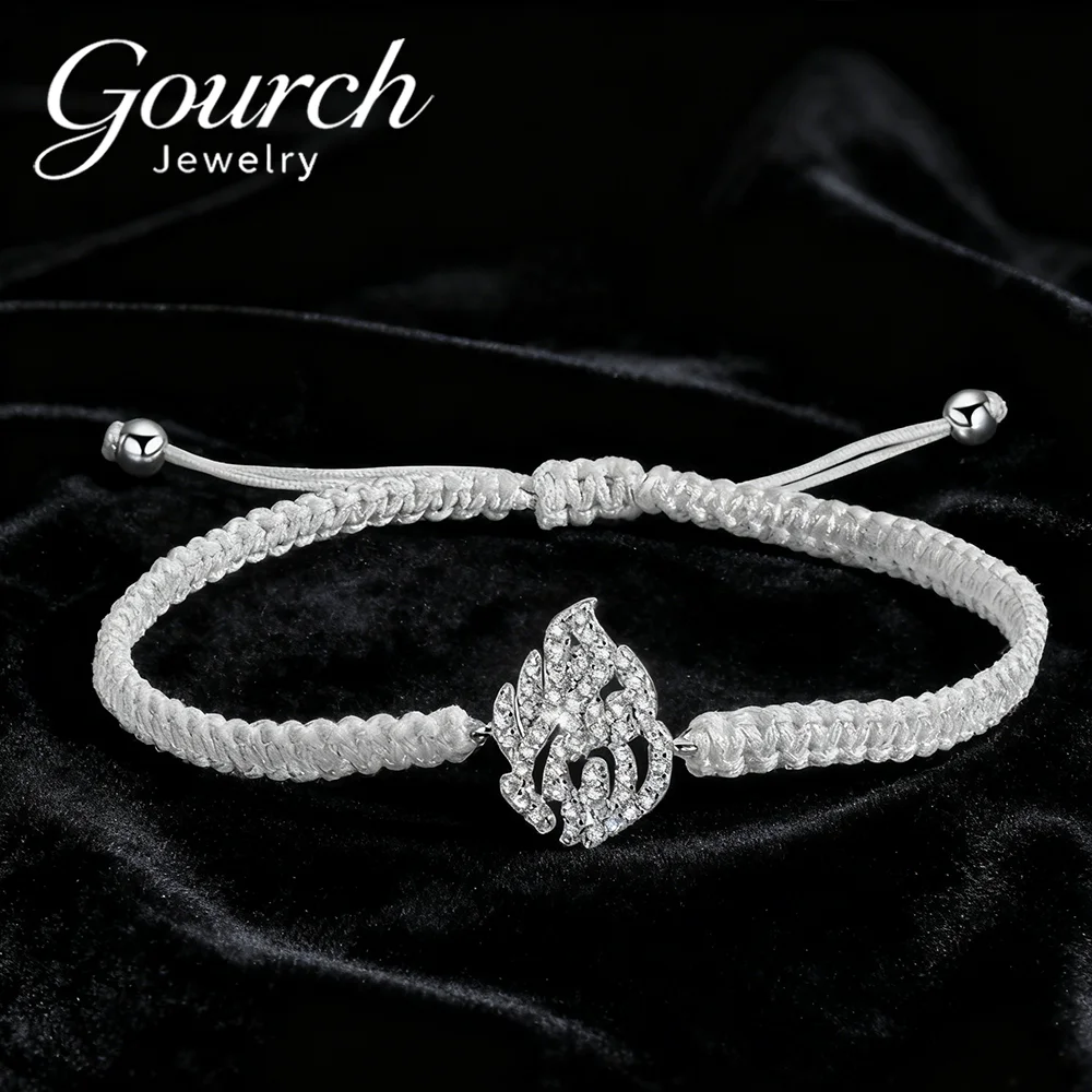 Gourch Flame Design Moissanite Black Braided Cord Bracelet S925 Silver  Women&Men Adjustable Drawstring Daily Wear Jewelry Gift