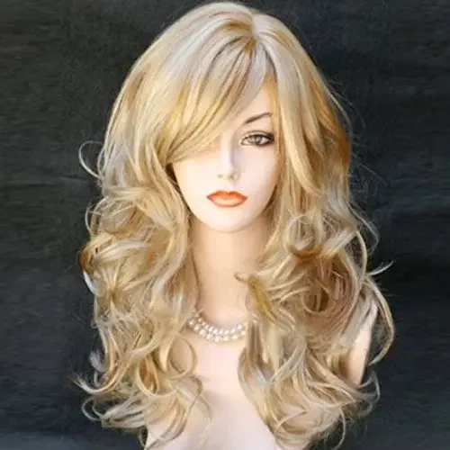 QQXCAIW Long Wavy Natrual Blonde  60 Cm Synthetic Hair Wigs