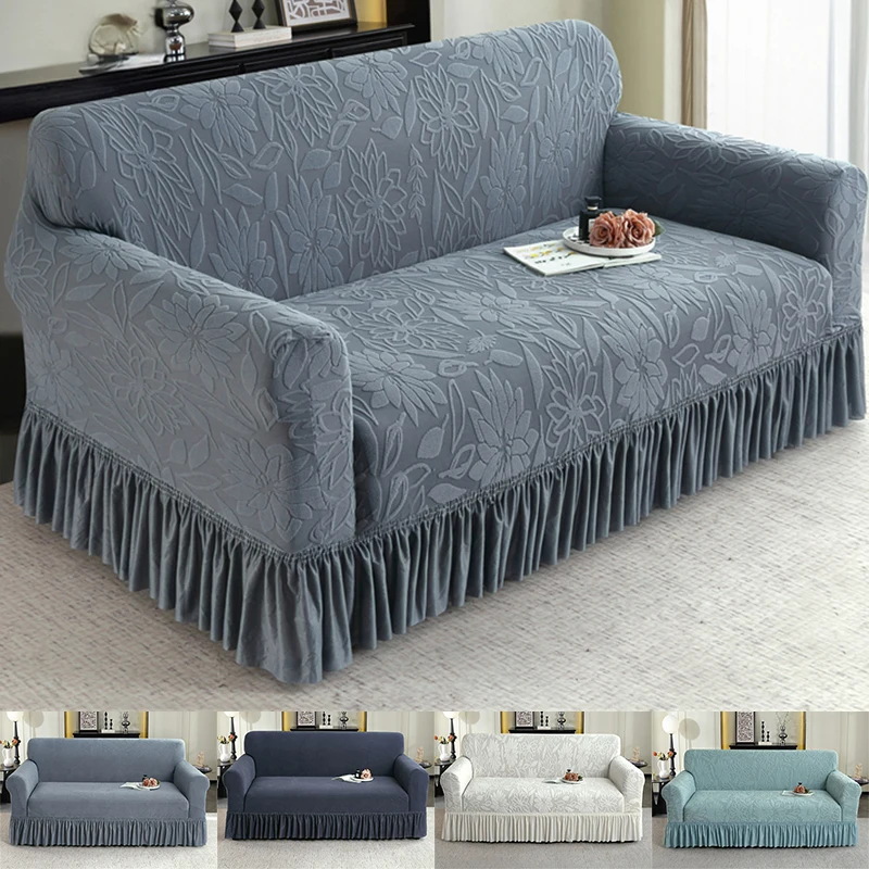 Jacquard Solid Color Sofa Cover With Skirt Non-slip Stretch Couch Cover for Bedroom Office Living Room Home Decor