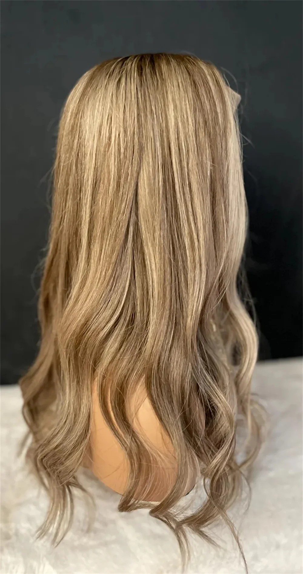 Light Brown with Light Blonde Highlights Wig Human Hair Blend Synthetic Fiber Lace Front for Women Long Wavy Realistic Wig