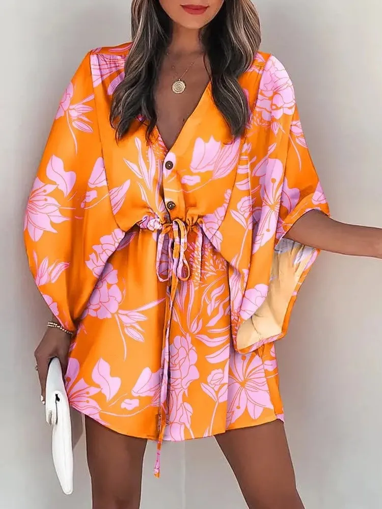 Mini robe d\'été style Boho pour femmes, imprimé floral, manches chauve-souris, à lacets, col en V, boutons, tenue de plage ou de soirée