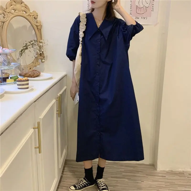 Mode Revers Knoop Overhemd Verbandverband Puff Mouw Casual Jurk Dames Kleding 2024 Zomer Nieuwe Losse Preppy Stijl Shirt Jurk