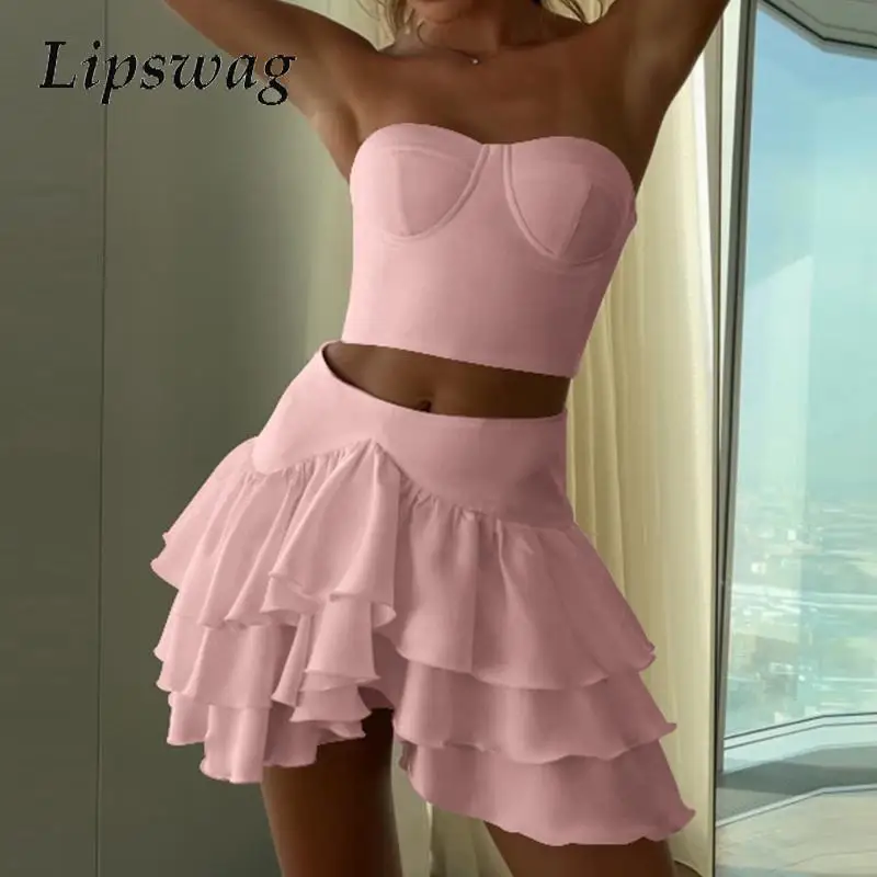 

Sexy Strapless Vest Top & Cake Skirt Outfits Elegant Sleeveless Solid Color Slim 2Pc Suit 2025 Women Fashion Party Skirt Outfits