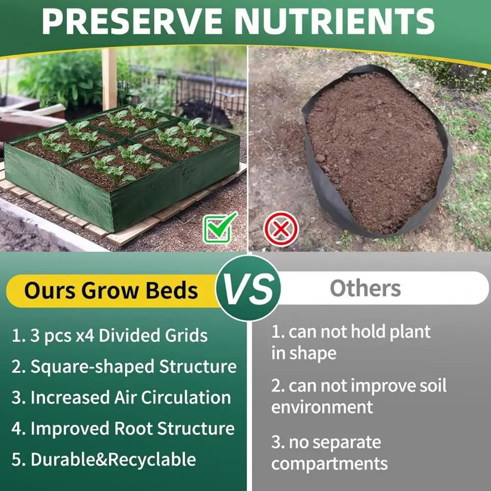 Grow Bag for Gardening Multiple Grids Grow Bag Raised Garden Bed Breathable Rectangle Planting Container Vegetable for Outdoor