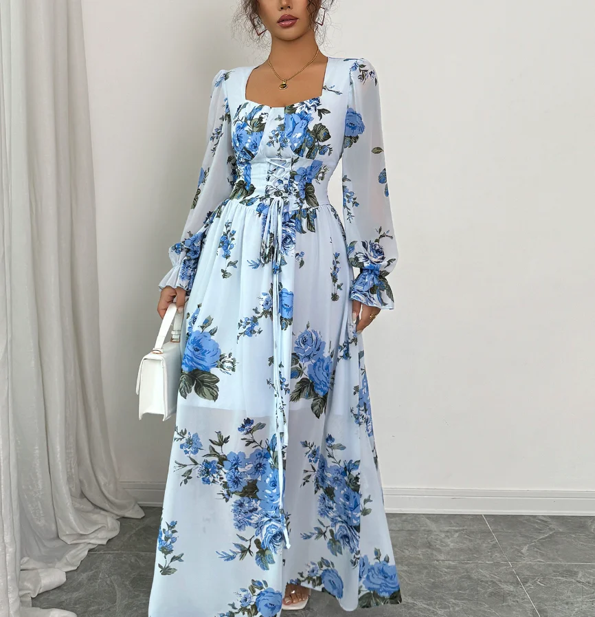 

French Women's Dress U-Neck Long Sleeved Simple Flower Print with Fungus Edge Long Sleeved Dress Sexy Women's Double-Layer Dress