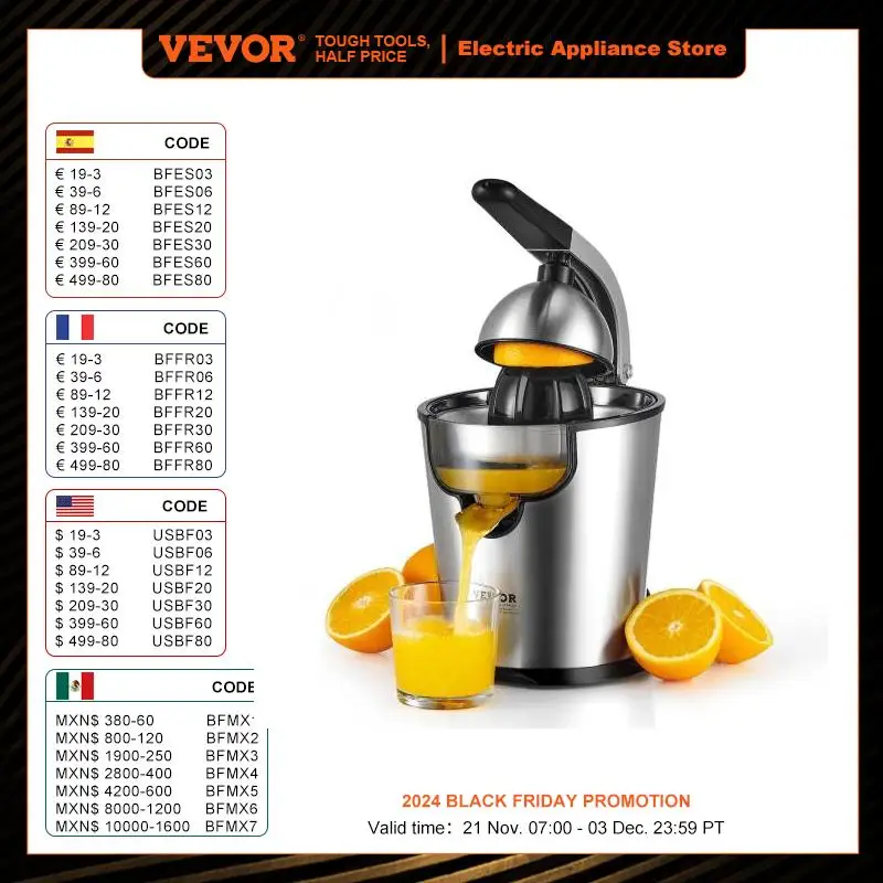 VEVOR Electric Citrus Juicer Orange Juice Squeezer with Two Size Juicing Cones 300W Stainless Steel Orange Juice Maker