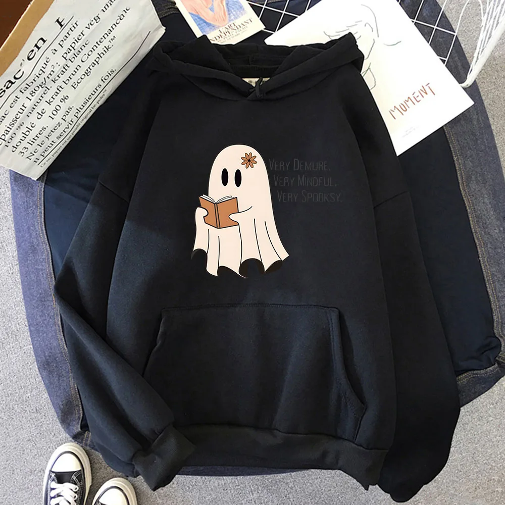 Cute Ghost with Book Hoodies Very Demure Very Mindful Sweatshirt Y2k Clothing Letter Print Sudaderas K Pop Streetwear Men Women