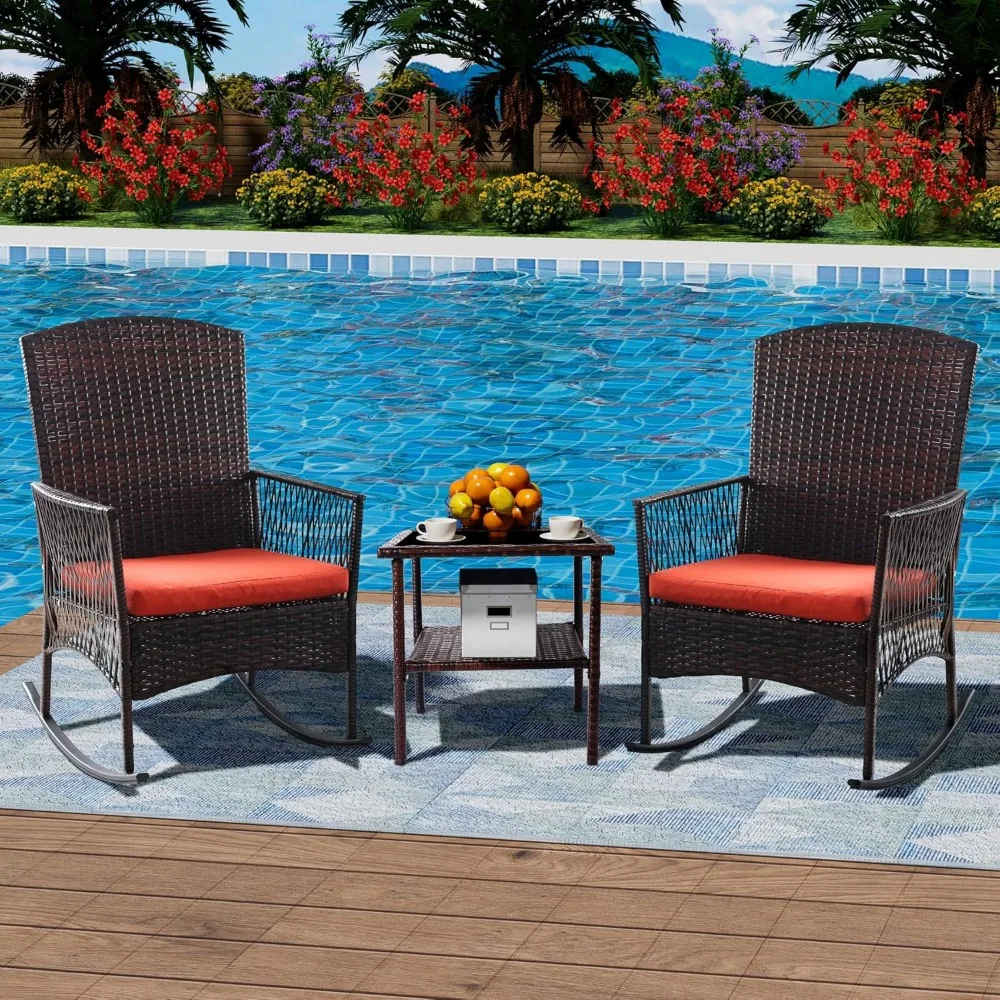

Outdoor rattan rocking chair 3-piece set, terrace conversation furniture, small bar set, with side table and cushion