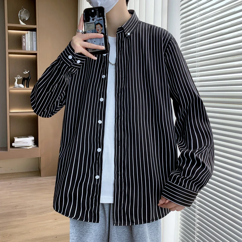 High Quality Casual Men's Long-Sleeve Striped Shirts Business Slim Fit Basic Shirts Coats Outwear Plus Size M-5XL Tops Clothing